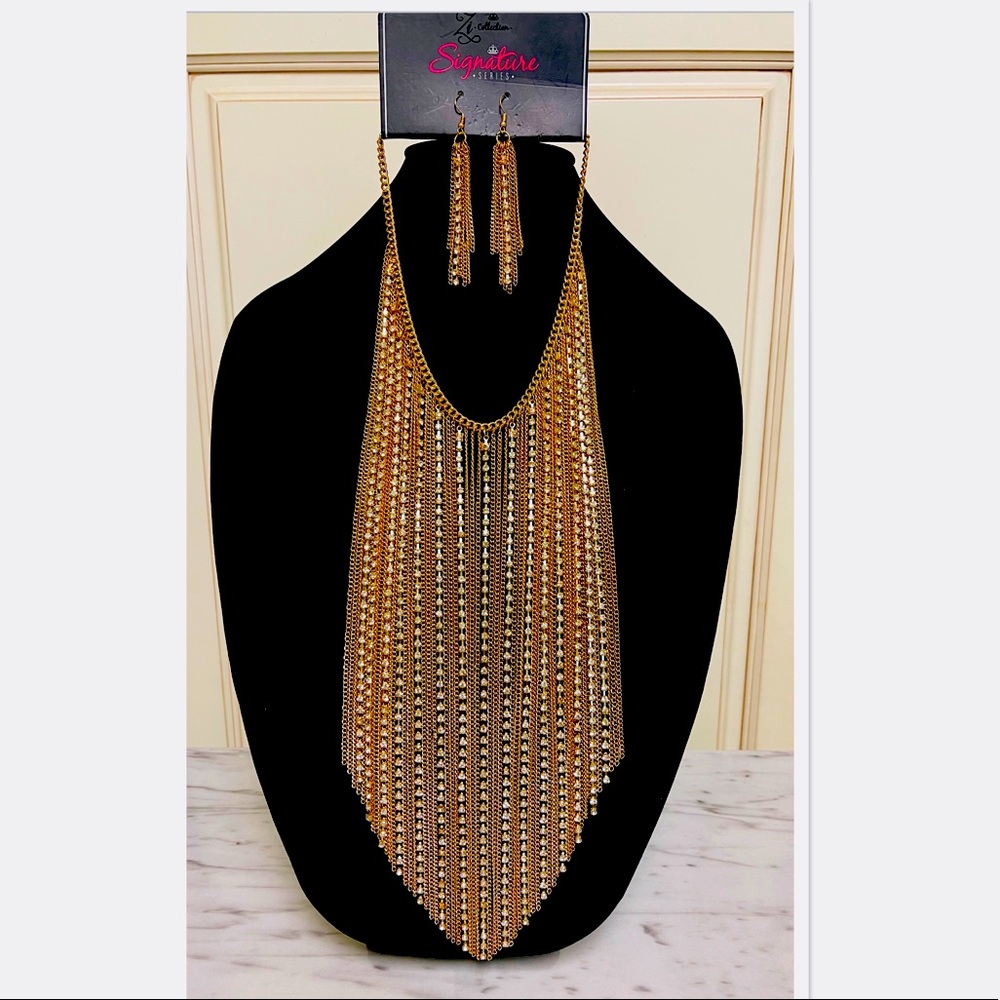 Gold and Rhinestone Bib Necklace/Earrings Set